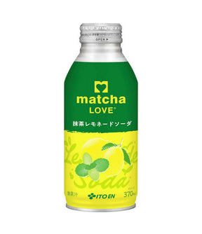 A 370ml bottle of ITO EN Matcha Love Lemon Soda, featuring a green and yellow label with illustrations of a lemon and mint leaves, on a solid white background.