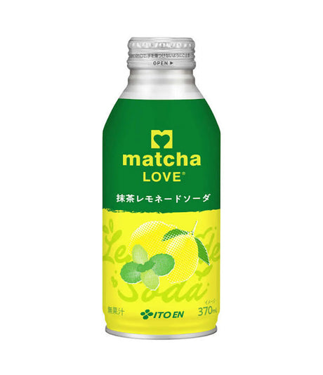 A 370ml bottle of ITO EN Matcha Love Lemon Soda, featuring a green and yellow label with illustrations of a lemon and mint leaves, on a solid white background.