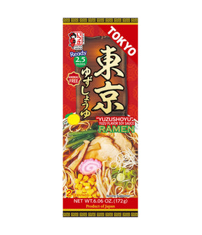 Packaging of Tokyo Yuzu Shoyu Ramen with noodles and ingredients on a red background