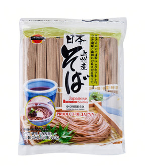 Packaging of J-Basket Japanese Buckwheat Noodles showing the product name, weight, and an image of the noodles. The package is labeled as a product of Japan.