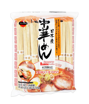 Packaging of J-Basket Japanese Ramen Noodles showing the product name, weight, and an image of the noodles. The package is labeled as a product of Japan.