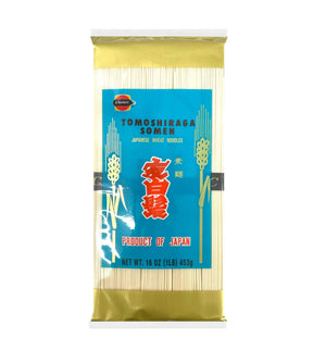 A packaged product of J-Basket Tomoshiraga Somen noodles, with Japanese text and branding visible.