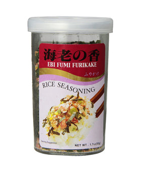 A container of JFC Ebi Fumi Furikake Rice Seasoning, with a label showing the product name and an image of seasoned rice.