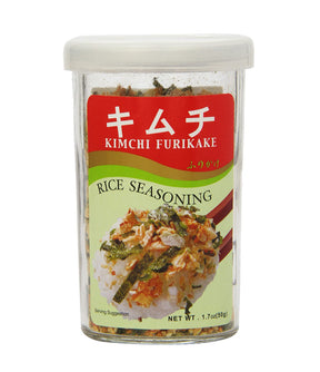 A container of JFC Kimchi Furikake Rice Seasoning with a label showing the product name and an image of seasoned rice.