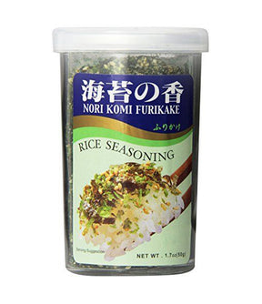 A container of JFC Nori Komi Furikake Rice Seasoning with a label displaying the product name and an image of seasoned rice.