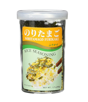 A container of JFC Noritamago Furikake Rice Seasoning, with label in Japanese and English, indicating it is a product of China, used for seasoning rice.