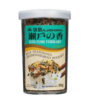 A container of JFC Seto Fumi Furikake Rice Seasoning, 50g size, with label information in Japanese.