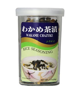 A container of JFC Wakame Chazuke Rice Seasoning with a picture of a bowl of seasoned rice on the label.