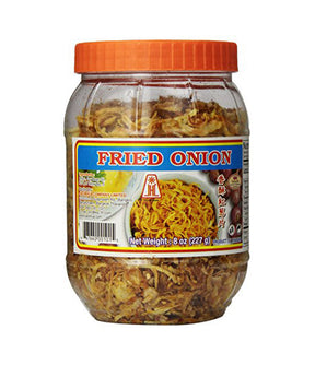 A jar of JHC Fried Red Onion, showing the product inside and the label on the jar.