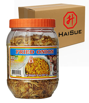 Jar of fried onion with Haisue packaging in the background