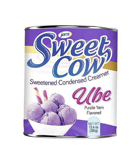 Can of Jans Sweet Cow Ube sweetened condensed creamer on a white background