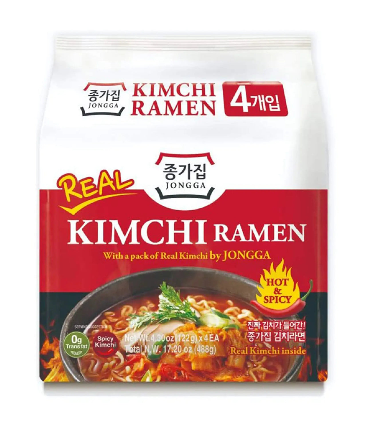 Packaging of Kimchi Ramen with JONGGA branding on a white background