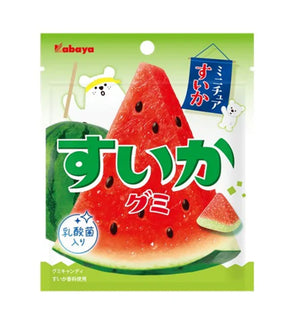 A package of Kabaya watermelon gummy candy, featuring a bright green and white bag with a large illustration of a watermelon slice and Japanese text.