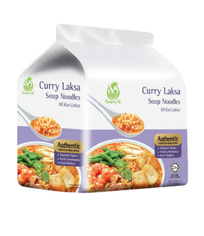 Packaging for KampongKu Curry Laksa Soup Noodles, showing the product name and image of the noodles with vegetables and chicken in a curry laksa sauce.