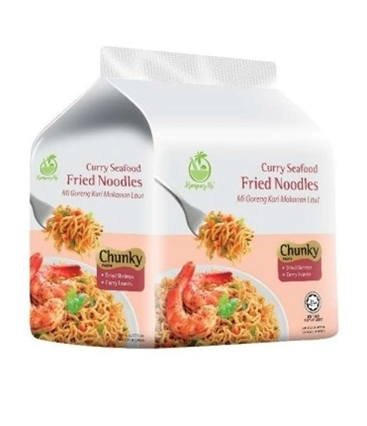 Package of Chunky Curry Seafood Fried Noodles with a spoon on a white background