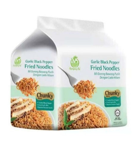 Package of Garlic Black Pepper Fried Noodles with a spoon and noodles on a white background