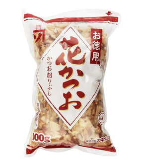 A packaged product of Kaneso Tokuyou Hanakatsuo Dried Smoked Bonito Flakes, predominantly white and red in color with Japanese text and branding.
