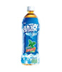 Bottle of a beverage with a blue label on a white background