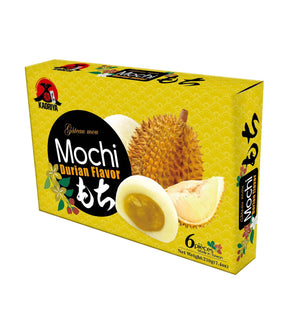 Packaging of Kaoriya Durian Mochi featuring an image of the product, durian fruit, and the box's text displays the product name and the number of pieces, 6, included in the package.