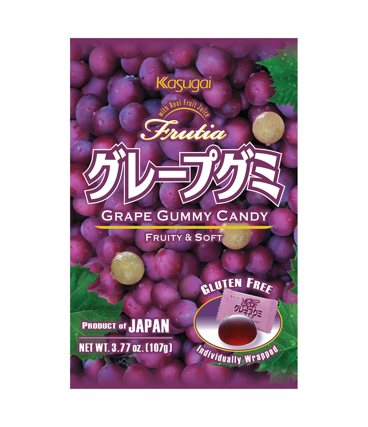 Kagugai Frutia Grape Gummy Candy packaging with purple grapes and brand name.