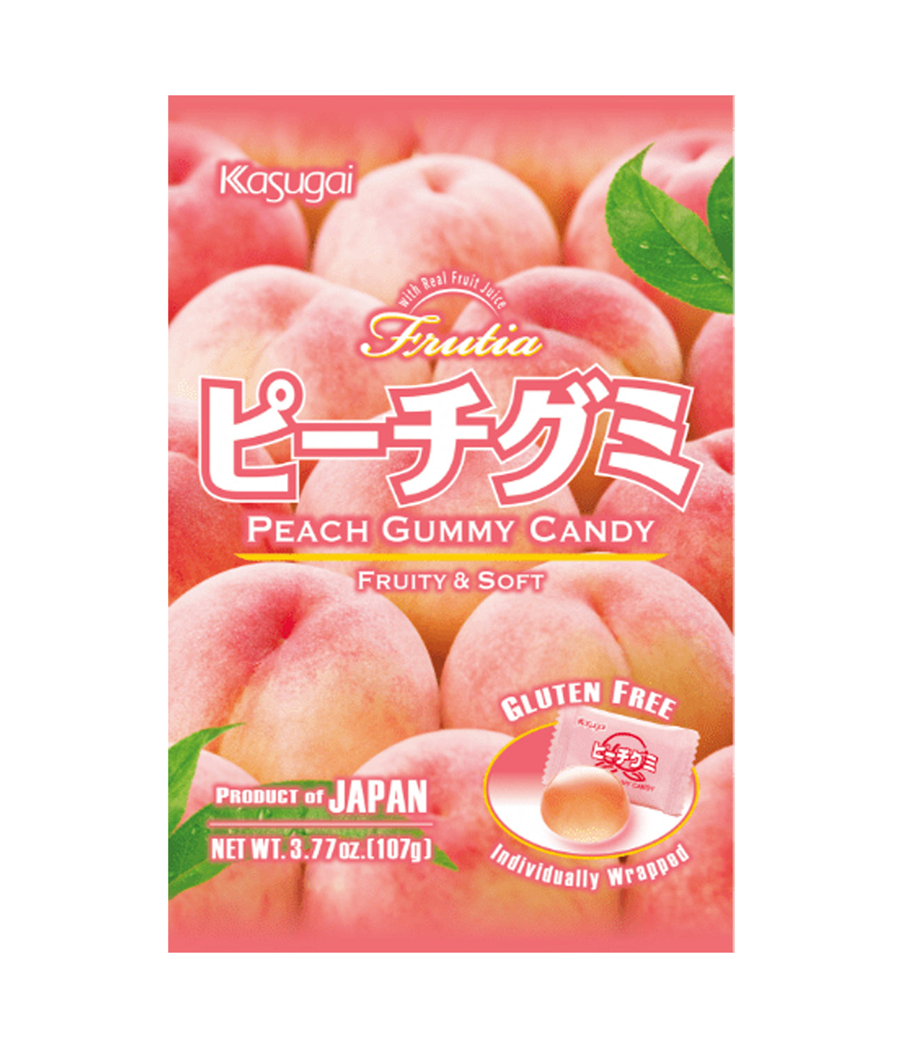 A package of Kasugai Peach Gummy Candy featuring images of peaches and the text 'Fruity & Soft', indicating the flavor and texture of the candy.