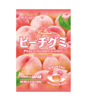 A package of Kasugai Peach Gummy Candy featuring images of peaches and the text 'Fruity & Soft', indicating the flavor and texture of the candy.