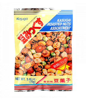 A package of Kasugai Roasted Nuts Assortment featuring peanuts and other nuts, with Japanese text and a net weight of 2.46 oz (70g).