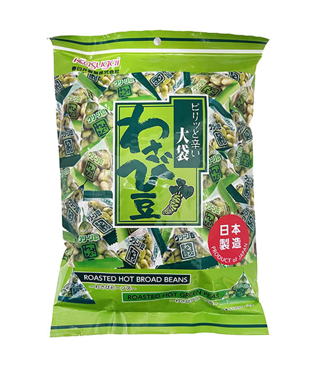 Packaged roasted hot broad beans with green and white design on a white background