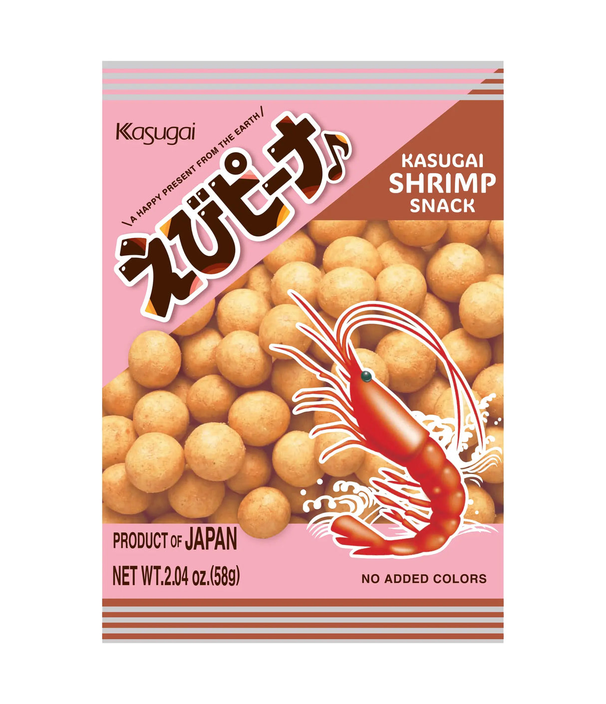 Kasugai Shrimp Snack packaging with shrimp illustration on pink background