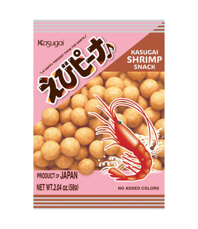 Kasugai Shrimp Snack packaging with shrimp illustration on pink background