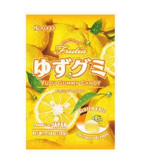 A package of Kasugai Yuzu Gummy Candy featuring images of yuzu fruit and the text 'Product of Japan'. The package is primarily yellow and green, indicating the flavor and the candy's gluten-free status.