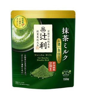 A 150g stand-up pouch of Japanese Uji Matcha Milk powder by the brand 辻利 (Tsujiri). The packaging is dark green with a gold top seal, featuring an illustration of a matcha latte, a pile of green matcha powder, and Japanese text.