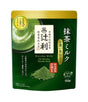 A 150g stand-up pouch of Japanese Uji Matcha Milk powder by the brand 辻利 (Tsujiri). The packaging is dark green with a gold top seal, featuring an illustration of a matcha latte, a pile of green matcha powder, and Japanese text.