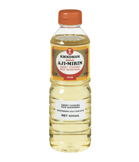 A bottle of Kikkoman Manjo Aji-Mirin Sweet Cooking Rice Seasoning, 500ml, with Japanese text on the label.