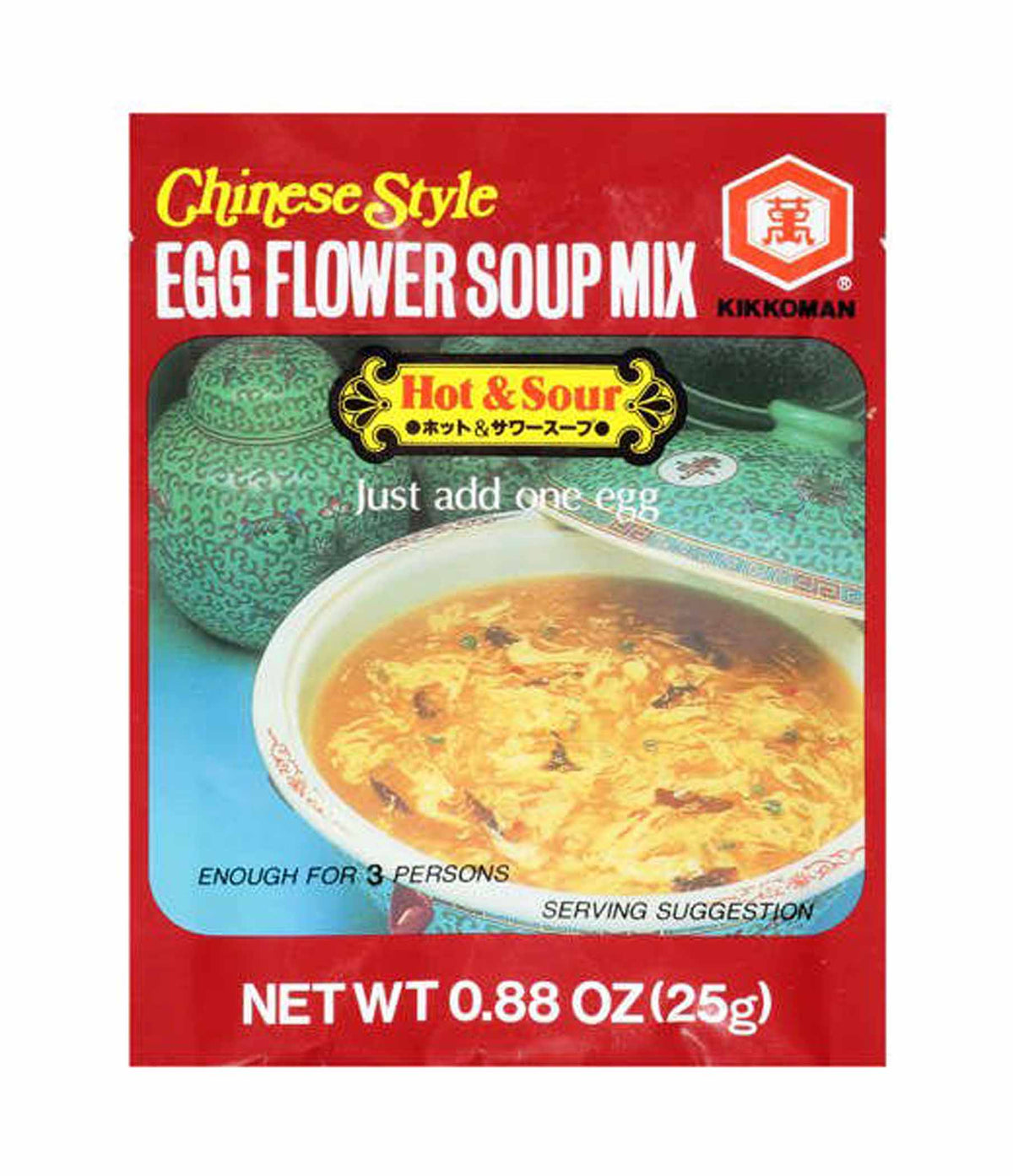 Packaging of Kikkoman Chinese Style Egg Flower Soup Mix, showing the product name, weight of 0.88 oz (25g), and an image of the soup.