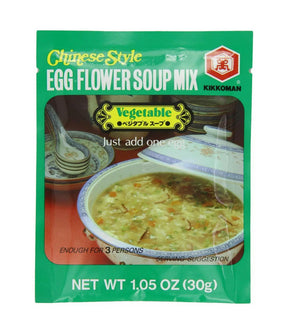 A package of Kikkoman Chinese Style Egg Flower Soup Mix showing the product name, weight of 1.05 oz (30g), and an image of the soup.