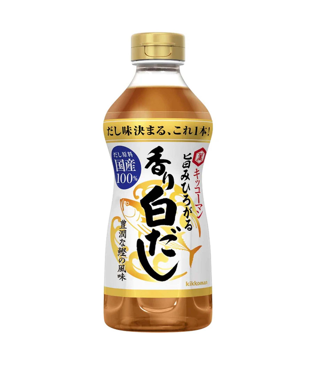 A bottle of Kikkoman Hon Tsuyu Kaori Shiro Dashi Soup & Sauce Base, 500ml, with Japanese text and branding.