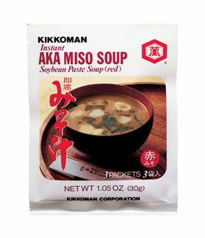 A package of Kikkoman Instant Aka Miso Soup, showing an image of the soup and indicating it contains 3 packets, with a total weight of 1.05 oz (30g).