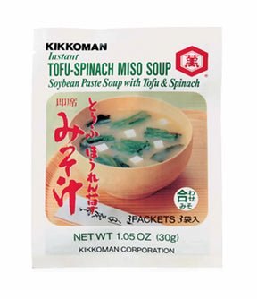 A packaged product of Kikkoman Instant Tofu-Spinach Miso Soup, showing the product name, weight of 1.05 oz (30g), and an image of a bowl of soup with tofu and spinach.
