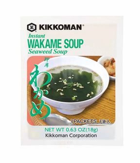 A package of Kikkoman Instant Wakame Soup with an image of a bowl of seaweed soup on the front.