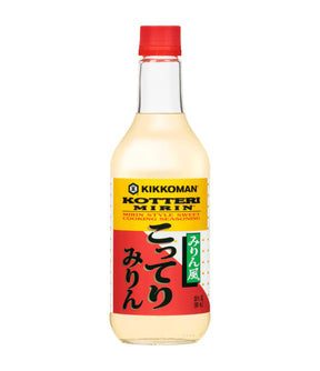 A bottle of Kikkoman Kotteri Mirin, a Japanese cooking wine, with a white label and red cap.