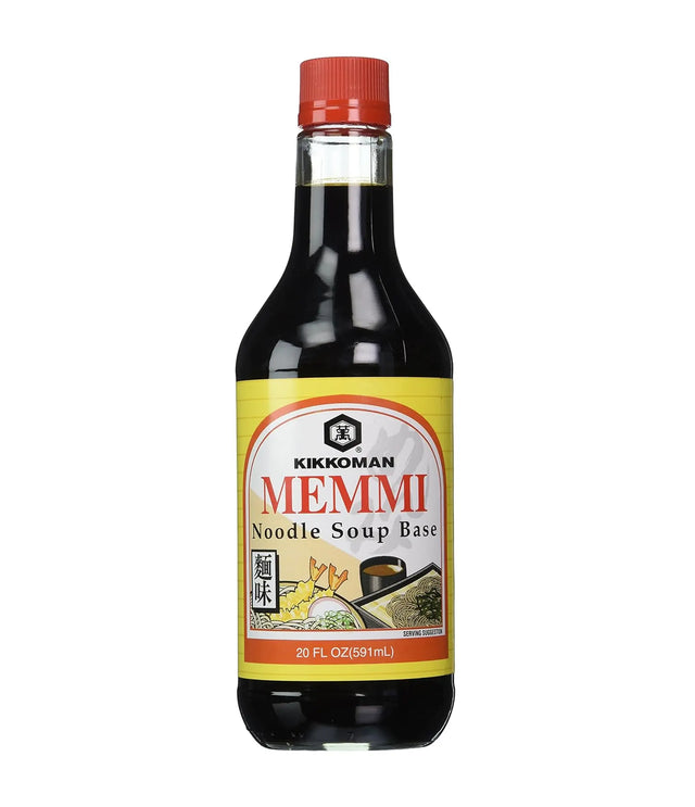 A bottle of Kikkoman Memmi Noodle Soup Base, 20 fl oz, featuring a dark liquid inside a clear bottle with a red cap and a yellow label.