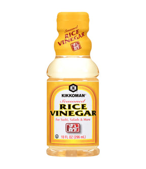 A bottle of Kikkoman Seasoned Rice Vinegar with a yellow cap and label, indicating the product is 296ml in size.
