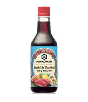 A bottle of Kikkoman Sushi & Sashimi Soy Sauce with a label depicting a fish and a piece of sushi, indicating the product is a condiment for Japanese cuisine.