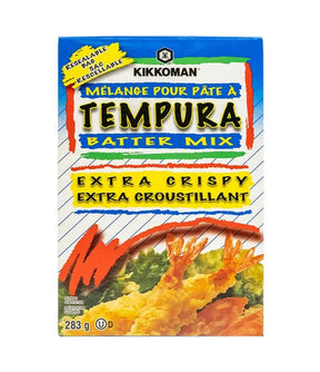 Kikkoman Tempura Batter Mix packaging with a shrimp illustration on a white background