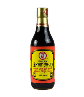 A bottle of Kimlan Dark Soy Sauce 590ml with label in Chinese and English.