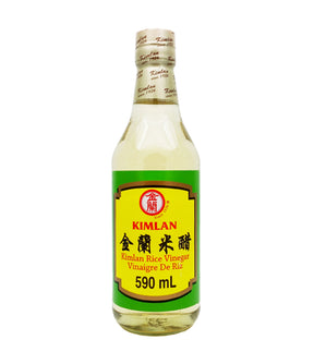 A bottle of Kimlan Rice Vinegar 590ml with label in green and yellow.