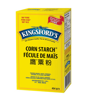 A box of Kingsford's Corn Starch, 454g, with product information and branding visible.