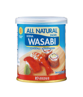 A can of Kinjirushi Wasabi Powder 50g with an image of wasabi plant and sushi on the front.