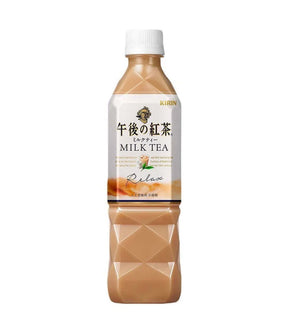 A bottle of Kirin Milk Tea with Japanese labelling, predominantly brown and white in color.